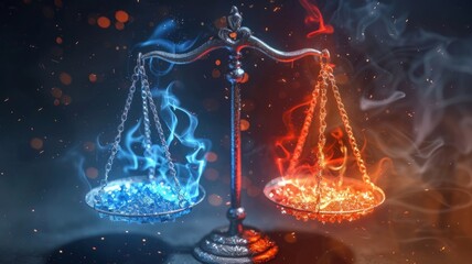 Balance scales with flames and ice as metaphors - An evocative image depicting balance scales with contrasting flames and ice, representing opposing forces and equilibrium - obrazy, fototapety, plakaty