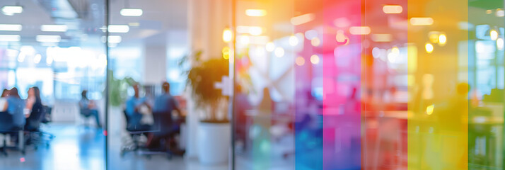 Business office with blurred people casual wear, with blurred bokeh background. Rainbow interior. Pride month marketing banner concept. Copy space