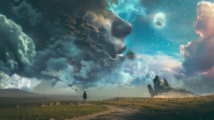 Surreal human face formation in cosmic clouds - Hypnotic image of a human face emerging from cosmic clouds above a scenic landscape, evoking wonder - obrazy, fototapety, plakaty