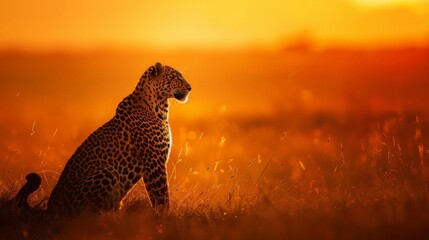 a male leopard basking in the warm glow of the setting sun, its elegant form accentuated against the striking orange hues of the evening sky, captured with precision by an HD camera