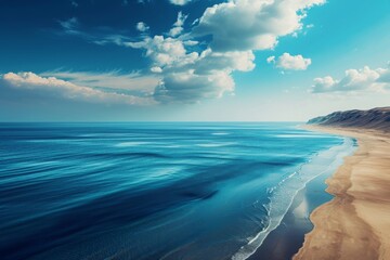 A View of the Ocean From a High Point of View, A vast scenery with deep blue waters and sandy shores, AI Generated