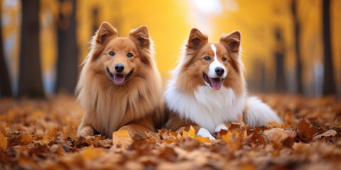 Autumn Bliss: Two Shetland Sheepdogs Amidst Golden Leaves