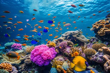 Naklejka na ściany i meble A vibrant and diverse community of fish swim together in a large group over a lively coral reef, A vibrant coral reef full of various species of fish, AI Generated