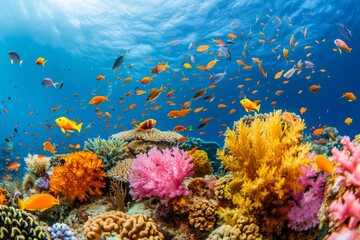 Fototapeta na wymiar The photo captures a vibrant coral reef bustling with a diverse range of fish in their natural habitat, A vibrant coral reef full of various species of fish, AI Generated