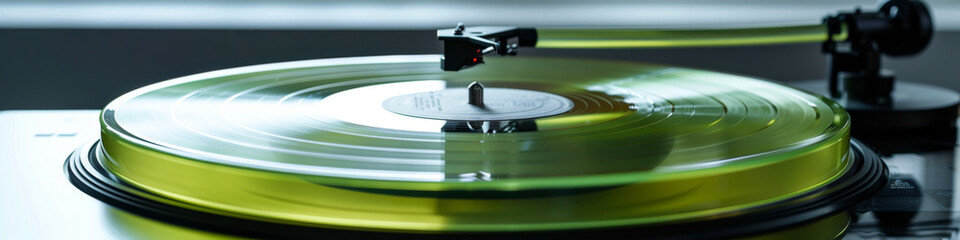 Spinning Vinyl Record on Turntable with Vibrant Green Glow
