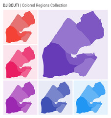 Djibouti map collection. Country shape with colored regions. Deep Purple, Red, Pink, Purple, Indigo, Blue color palettes. Border of Djibouti with provinces for your infographic. Vector illustration.