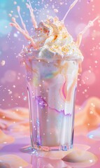 A colorful milkshake with a whipped cream topping and sprinkles overflowing from a glass