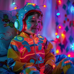 A child wearing colorful space-themed clothing and headphones is smiling in a room with ambient lighting and festive decorations