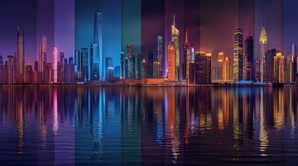 
City Skylines Panoramic views of city skylines at different times of the day, showcasing urban architecture and vibrant city lights