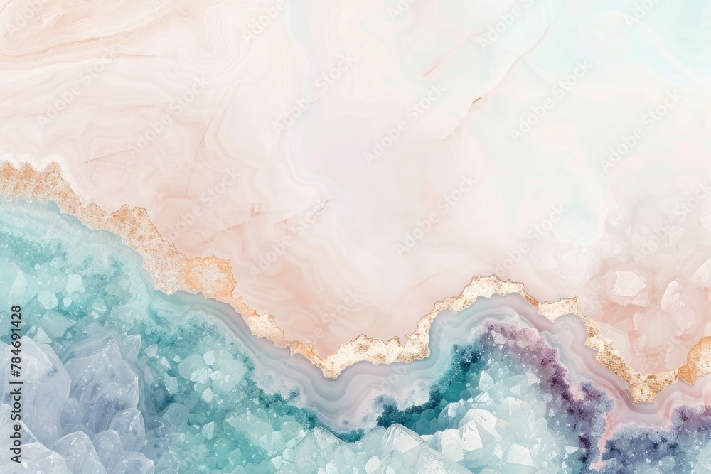 Poster a soft pastel geode pattern with crystalline structures and golden accents, which could be used as a