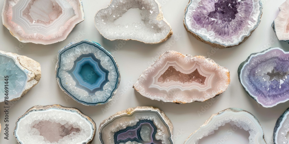 Poster a collection of geode slices showcasing varied pastel colors, ideal for creating a tranquil website 