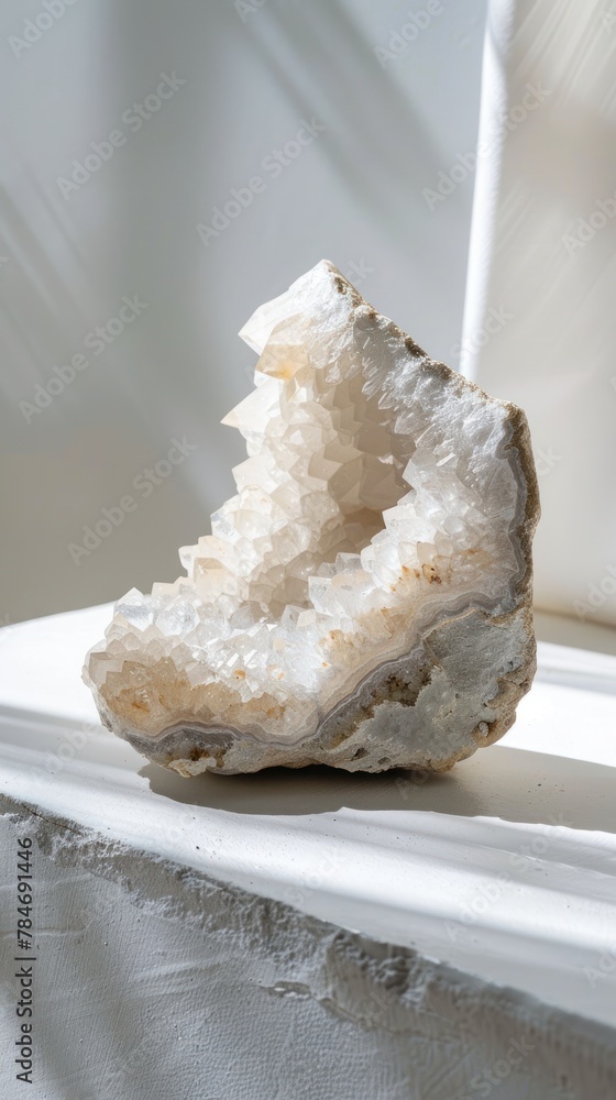 Poster a delicate geode piece with translucent quartz crystals that could serve as an elegant addition to a