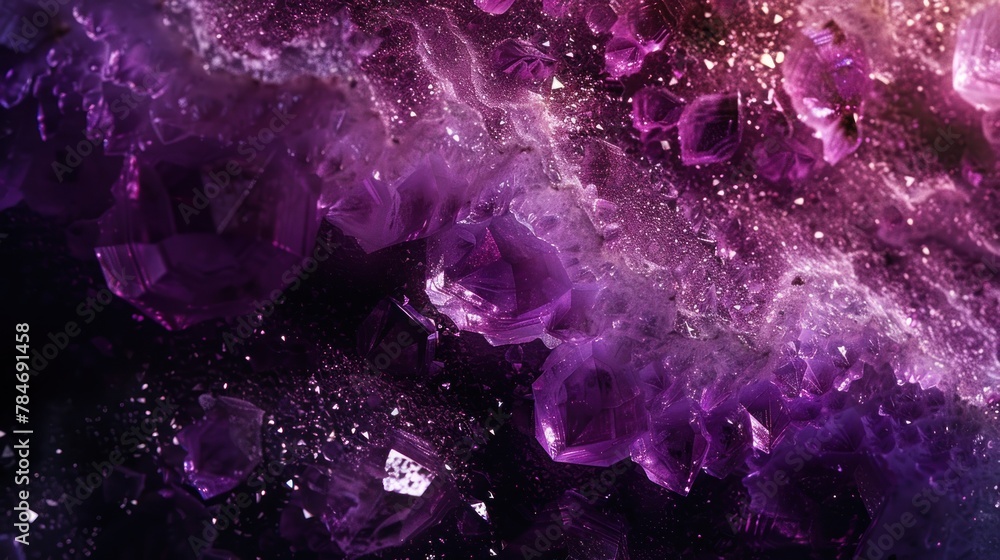 Poster a vivid and dynamic close-up of purple crystalline formations within a geode, ideal for use in graph
