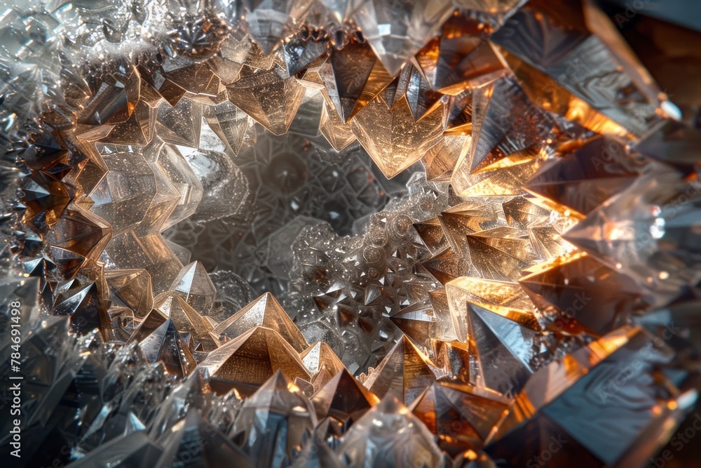 Poster a mesmerizing geode with vibrant red and orange crystals illuminated from within, suitable for dynam