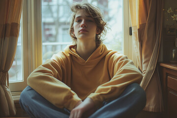 Thoughtful Young Person in Cozy Home Environment by Window Light