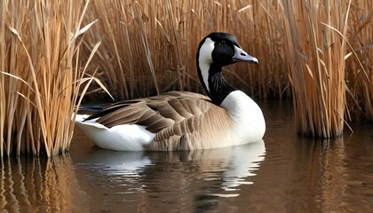 A Goose With Its Feathers Blending Into The Reeds