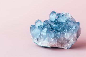 A crystal cluster of light blue geode on a soft pink background, perfect for therapeutic visuals in wellness centers or as an eye-catching graphic in mineralogy presentations.