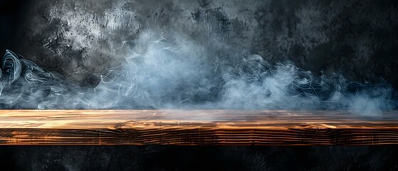 Mystical Wooden Table with Swirling Smoke on Dark Backdrop. Concept Backdrop Photography, Wooden Table, Smoke Effects, Mystical Settings, Dark Aesthetic - obrazy, fototapety, plakaty