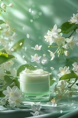 A light green and white skincare product is surrounded by jasmine flowers. 