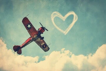 A small plane is seen soaring through the sky with a heart-shaped design painted on its exterior, A...
