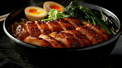 Steaming bowl of savory Miso Ramen adorned with perfectly boiled egg, tender slices of pork, and vibrant pak choi cabbage, against a mysterious dark backdrop-1