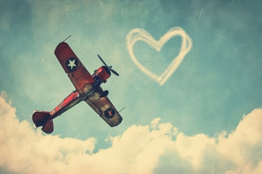 A small plane is seen soaring through the sky with a heart-shaped design painted on its exterior, A vintage airplane skywriting a heart, AI Generated