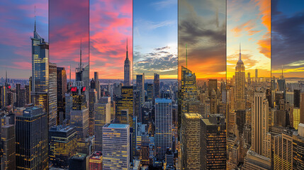 
City Skylines Panoramic views of city skylines at different times of the day, showcasing urban architecture and vibrant city lights