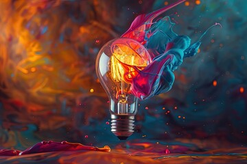 Light bulb covered in colorful paint for creativity and brainstorming artistic endeavors - obrazy, fototapety, plakaty