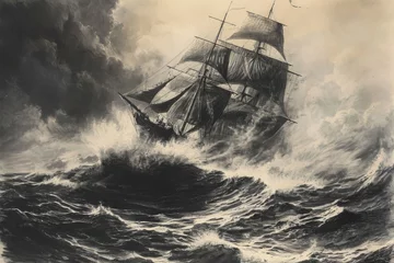 Papier Peint photo Lavable Naufrage This painting depicts a ship struggling against powerful waves in a tumultuous sea, A vintage drawing of a ship battling tumultuous ocean waves, AI Generated