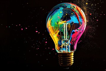 Light bulb covered in colorful paint for creativity and brainstorming artistic endeavors