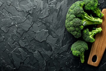 Broccoli. Fresh green broccoli on a black stone table on a cutting board. View from above. space for copying. generative ai