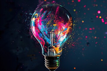Light bulb covered in colorful paint for creativity and brainstorming artistic endeavors - obrazy, fototapety, plakaty