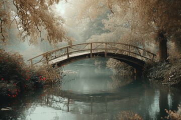 A Bridge Over a Body of Water Surrounded by Trees, A vintage inspired scene of a romantic wooden bridge over a tranquil river, AI Generated - Powered by Adobe