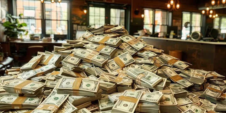 Small business filled with piles of cash money