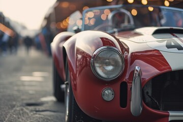 A detailed shot showcasing a red race car driving on a city street, capturing its vibrant color and dynamic motion, A vintage sports car at the starting line of a classic car race, AI Generated