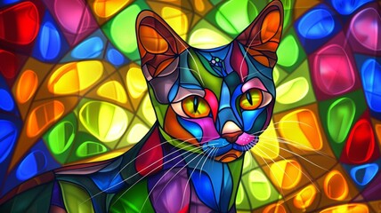 Colorful mosaic cat with psychedelic vibes - This digital illustration presents a mesmerizingly colorful cat with a psychedelic mosaic pattern throughout its body - obrazy, fototapety, plakaty
