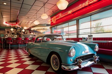 A car is parked inside a bustling diner, surrounded by tables and customers enjoying their meals, A...