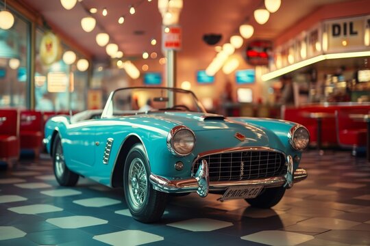 A blue car is parked inside a restaurant, creating an unusual sight and generating curiosity among the visitors, A vintage sports car parked in a 1950s-style diner, AI Generated