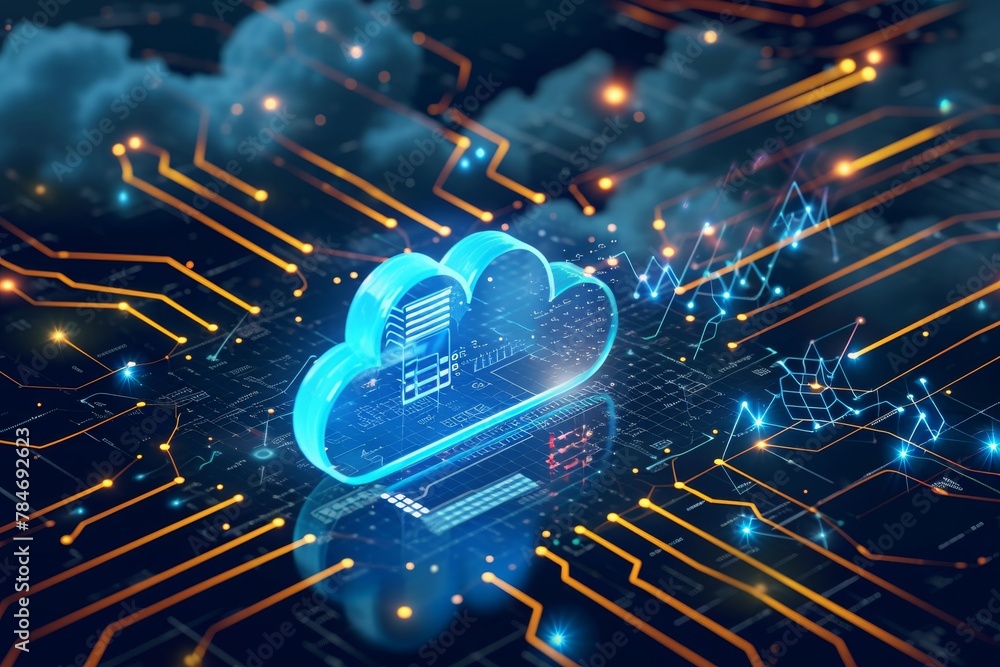 Poster cloud with server on top, a visual representation of the encryption process in cloud storage, ai gen
