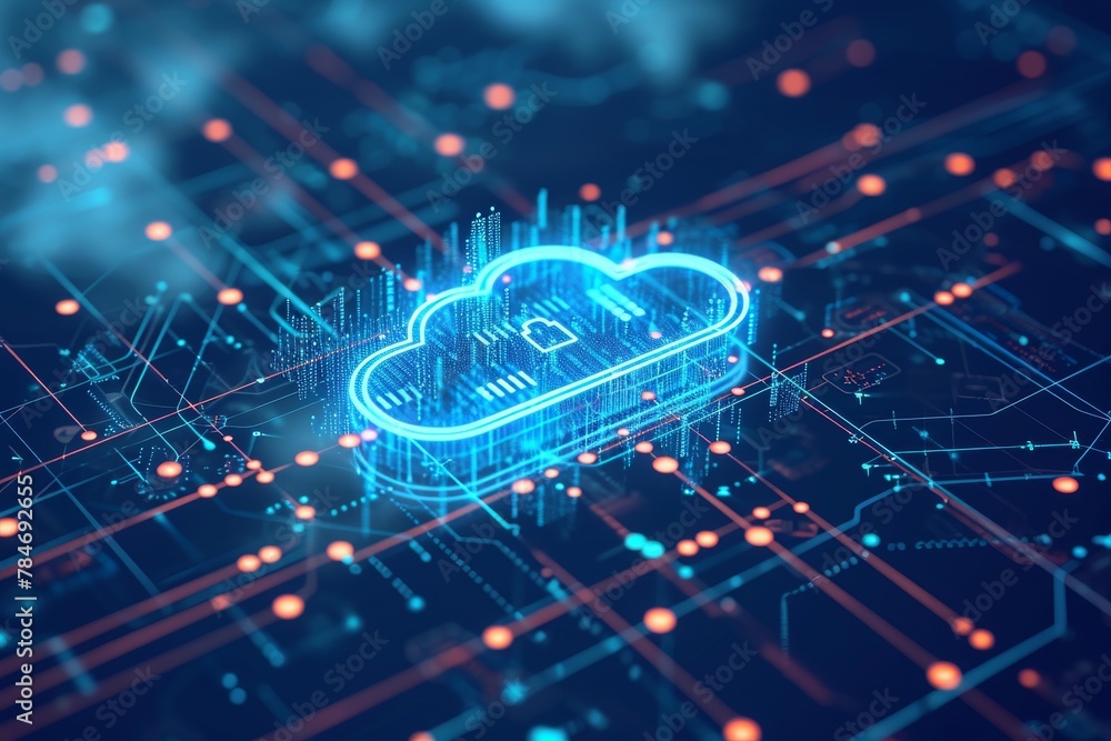 Poster a blue cloud hovers in the foreground while a circuit board is visible in the background, a visual r