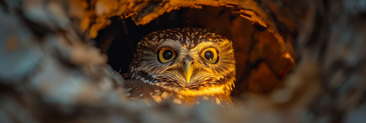 Hidden Owl Peering From Tree Hollow in Golden Light