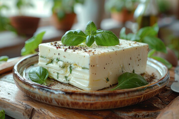 Fresh Basil Feta Cheese Block on Rustic Plate