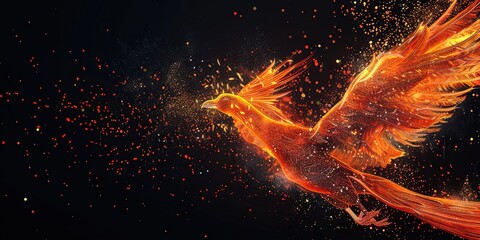 Flaming orange phoenix made of digital data 