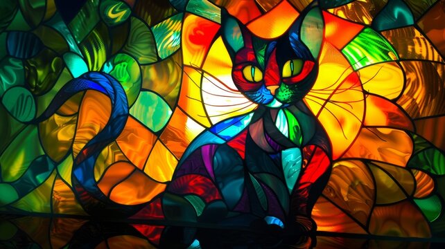 Vibrant stained glass style cat artwork - This image features a cat with a stained glass effect, showcasing a multitude of vibrant colors and intricate patterns