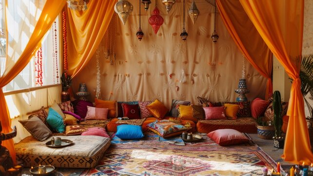 Luxuriously decorated Eastern style lounge - This image showcases a richly decorated room infused with Eastern influences, featuring colorful cushions and exotic hanging lanterns