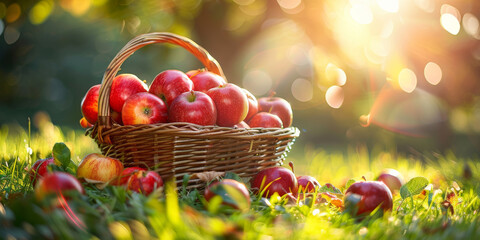 Fresh Autumn Harvest: Red Apples in Wicker Basket Outdoors