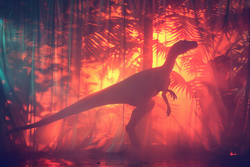 Silhouetted Dinosaur Figure in Misty Jungle Ambiance