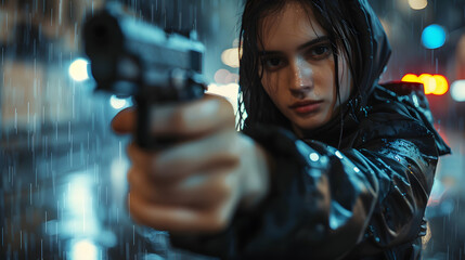 Young woman in black jacket points gun in rain, police officer or killer holding weapon at night. Female detective with pistol on dark street. 