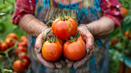 Farmers hold freshly harvested tomatoes in their hands generative ai - obrazy, fototapety, plakaty