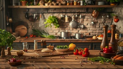 Vegetables on a wooden table in the kitchen. Healthy lifestyle - obrazy, fototapety, plakaty